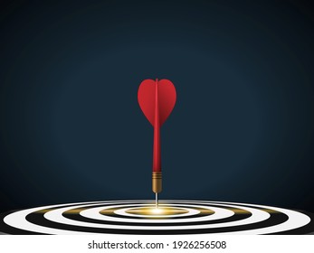 Red dart hit to center of dartboard. Arrow on bullseye in target. Business success, investment goal, opportunity challenge, aim strategy, achievement focus concept. 3d realistic vector illustration