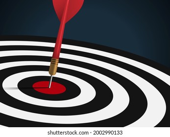 Red dart hit to center of dartboard. Arrow on bullseye in target. Business success, investment goals, marketing challenge, financial strategy, purpose achievement, focus ideas concept. 3d  vector