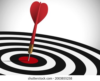 Red dart hit to center of dartboard. Arrow on bullseye in target. Business success, investment goals, marketing challenge, financial strategy, purpose achievement, focus ideas concept. 3d  vector