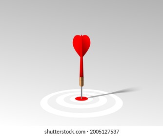 Red dart hit to center of dartboard. Arrow on bullseye in target. Business success, investment goal, marketing challenge, financial strategy, purpose achievement, focus ideas concept. 3d  vector