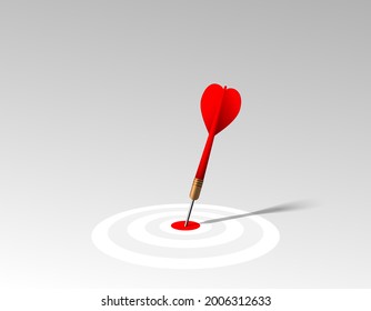 Red dart hit to center of dartboard. Arrow on bullseye in target. Business success, investment goal, marketing challenge, financial strategy, purpose achievement, focus ideas concept. 3d  vector