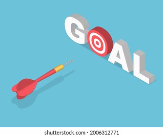 Red dart hit to center of dartboard. Arrow on bullseye target. Business success, investment goal, marketing challenge, financial strategy, purpose achievement, focus ideas concept. 3d isometric vector