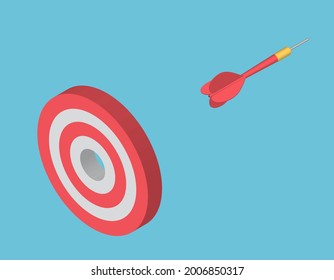 Red dart hit to center of dartboard. Arrow on bullseye target. Business success, investment goal, marketing challenge, financial strategy, purpose achievement, focus ideas concept. 3d isometric vector