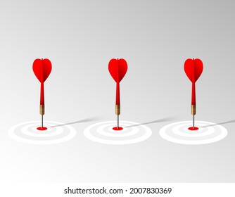 Red dart hit to center of dartboard. Arrow on bullseye in target. Business success, investment goal, marketing challenge, financial strategy, purpose achievement, focus ideas concept. 3d vector
