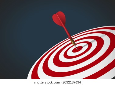 Red dart hit to center of dartboard. Arrow on bullseye in target. Business success, investment goal, opportunity challenge, aim strategy, achievement focus concept. 3d realistic vector illustration