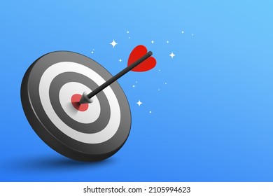 Red dart hit to center of dartboard. Arrow on bullseye in target. Business success, investment goal, opportunity challenge, aim strategy, achievement focus concept. 3d realistic vector illustration