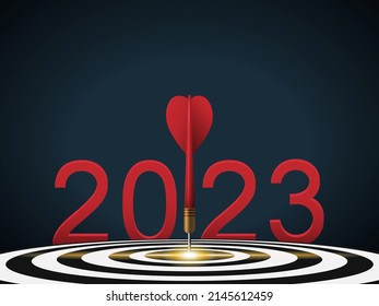 Red dart hit to center of dartboard between number. 2023 New Year with 3d target and goals. Arrow on bullseye in target for new year 2022. Business success, strategy, achievement, purpose concept