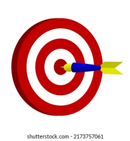 Red dart hit to center of dartboard. Arrow on bullseye in target. Business success, investment goal, opportunity challenge, aim strategy, achievement focus concept. Vector illustration