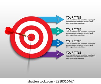 Red dart hit to center of dartboard with arrow for infographic. Arrow on target. Business success, investment goal, marketing challenge, financial strategy, purpose achievement, focus ideas concept.