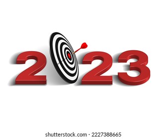 Red dart hit to center of dartboard between number. New Year 3d target and goals with symbol of 2023. Business success, investment goal, financial strategy, purpose achievement vector concept.