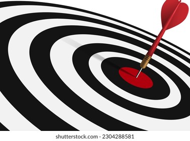 Red dart hit to center of dartboard tilt right. Arrow on bullseye in target. Business success, learning goal, objective challenge, purpose strategy, achievement focus concept. 3d realistic concept.