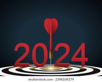 Red dart hit to center of dartboard between number. 2024 New Year with 3d target and goals. Arrow on bullseye in target for new year 2023. Business success, strategy, achievement, purpose concept