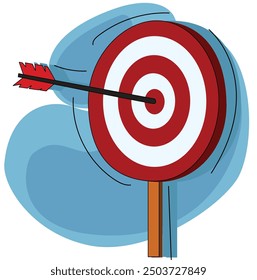 Red dart hit to center of dartboard. Arrow on bullseye in target. 