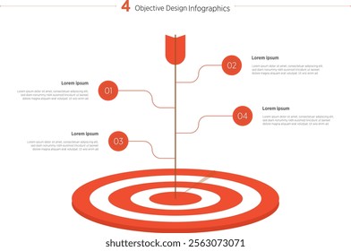 Red dart hit to center of dartboard with lines for infographic. stroke on target. Business success, investment goal, marketing challenge, financial strategy, purpose achievement, focus ideas concept.