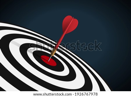 Red dart hit to center of dartboard. Arrow on bullseye in target. Business success, investment goal, opportunity challenge, aim strategy, achievement focus concept. 3d realistic vector illustration