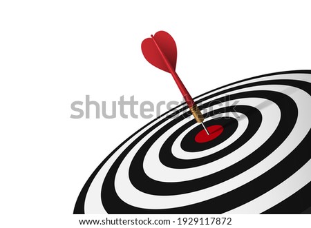 Red dart hit to center of dartboard. Arrow on bullseye in target. Business success, investment goal, opportunity challenge, aim strategy, achievement focus concept. 3d realistic vector illustration