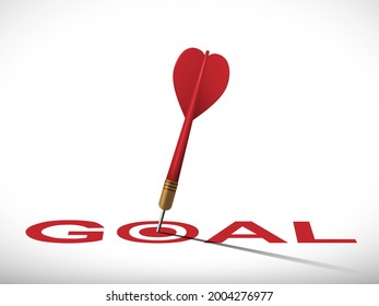 Red dart hit to center of target with goal text. Arrow on bullseye. Business success, investment goals, marketing challenge, financial strategy, purpose achievement, focus ideas concept. 3d  vector