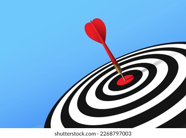 Red dart hit to center of tilt angle dartboard with blue gradient background. Arrow on bullseye in target. Business success, invest goal, opportunity challenge, strategy, achievement focus concept.