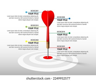 Red dart hit to dartboard with line infographic. target timeline. Business success data chart, investment goal, marketing challenge, strategy presentation, achievement diagram. vector template.