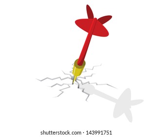 red dart hitting cracked white floor