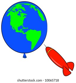 red dart popping balloon in the shape of earth - vector