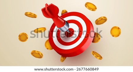Red dart target icon with arrow and coins. 3d style design of business goal. Success finance marketing strategy. Vector illustration