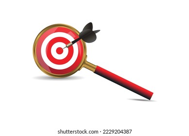 Red dartboard inside of magnifier glass on white background for setup objective target and business goal concept.