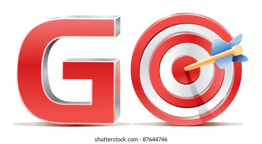 Red darts target aim and arrow integrated in word go. Successful shoot. No transparency - only gradient.