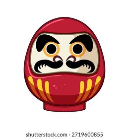 Ilustração de boneca de daruma vermelha com uma forma redonda, apresentando uma expressão determinada, simbolizando boa sorte, prosperidade e a busca de objetivos na cultura japonesa