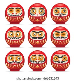 Red daruma dolls from japan isolated on white. Dharma charming pop culture japanese monk daruma doll temples vector