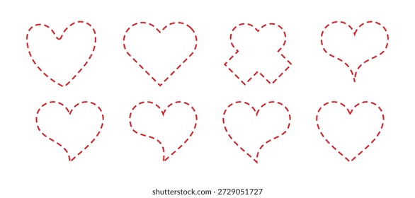 Símbolos De Coração Tracejado Vermelho Em Várias Formas Para O Tema Do Amor De Valentim.
