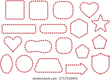 Red dashed stitched outline shapes and decorative icons set. Clean dotted borders with hearts, stars, arrows and badges in playful style. Versatile elements for crafts, labels, UI and graphic design 