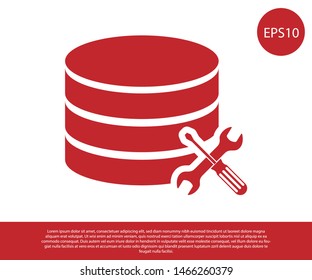 Red Database server with screwdriver and wrench icon isolated on white background. Adjusting, service, setting, maintenance, repair, fixing.  Vector Illustration