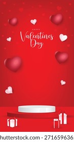 Fondo rojo del día de San Valentín con corazones flotantes, cajas de regalo y podio vacío para la exhibición del producto. Concepto de vacaciones románticas para publicidad, promoción y celebración de amor.