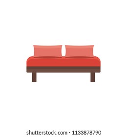 Red daybed with 2 pillows. Comfortable sofa. Vector illustration. Flat icon of settee. Element of modern home & office furniture. Front view.