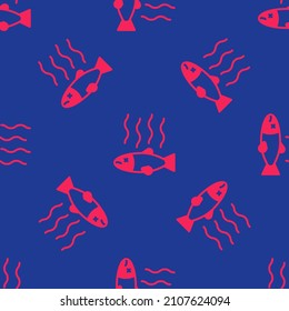 Red Dead fish icon isolated seamless pattern on blue background. Rotten fish.  Vector