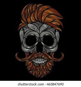 Red dead hipster with a beard and mustache. Vector human skull made of flowers