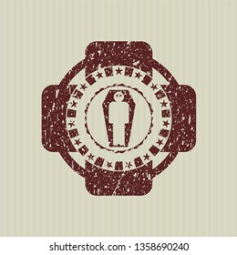 Red dead man in his coffin icon inside distress rubber seal