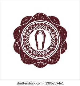 Red dead man in his coffin icon inside distress grunge style stamp