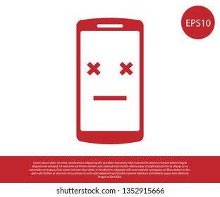 Red Dead phone icon isolated on white background. Deceased digital device emoji symbol. Corpse smartphone showing facial emotion. Vector Illustration