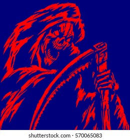 Red Death with a Scythe. Blue Background. Web Icon. Isolated Flat Vector Illustration. Spooky Apocalypse Demon. Spirit Rock Skull. Ghost Skeleton. Nightmare Terrible Mouth. Massacre Phantom monster.
