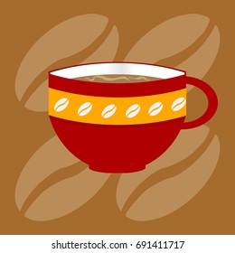 Red Decorated Coffee Cup with Beans Over Brown Background with Coffee Beans