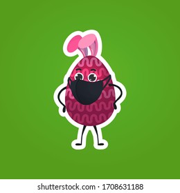 huevo decorado rojo con orejas de conejo con máscara médica feliz primavera festiva coronavirus pandemia de cuarentena sticker ilustración vectorial