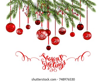 Red decoration with fir and balls winter holiday invitation. Template Christmas sample for banners, advertising, leaflet, cards, greeting, invitation and so on.