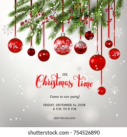 Red decoration with fir and balls winter holiday invitation. Template Christmas sample for banners, advertising, leaflet, cards, greeting, invitation and so on.