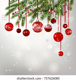 Red decoration with fir and balls winter holiday invitation. Template Christmas sample for banners, advertising, leaflet, cards, greeting, invitation and so on.
