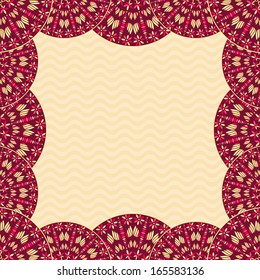 Red Decoration Mandala Frame at Faded Wavy Backdrop. Vector Retro Card Background