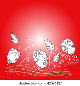 Red decorative background with stylized tulips