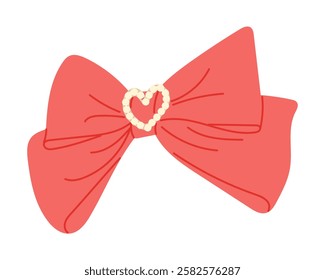 Red decorative bow with a pearl heart embellishment, symbolizing elegance and femininity, ideal for festive decorations, fashion design, or gift wrapping themes. Vector flat drawing