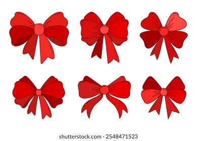 Red decorative bow set isolated on white background. Hand draw doodle bow coquette and ribbons set for gift wrapping, wedding, holidays, party design
